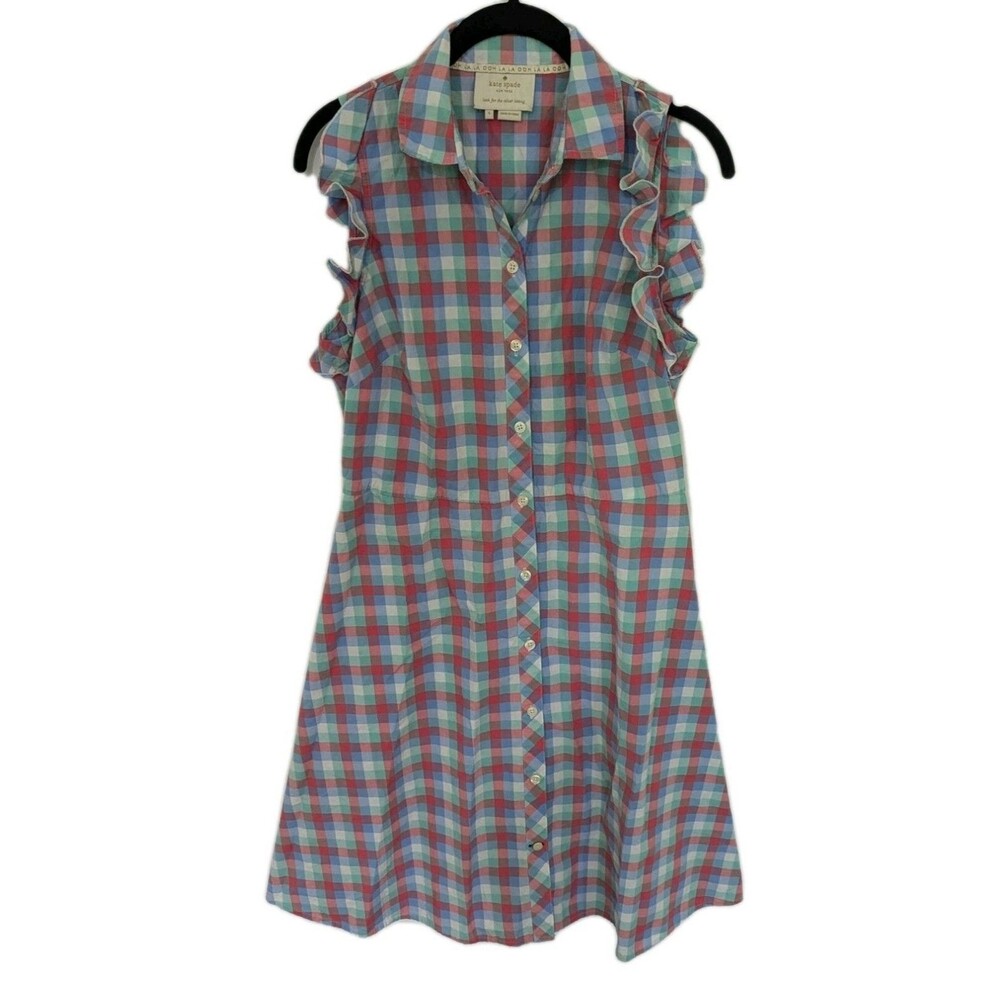 Kate Spade New York Blue & Pink Madras Poplin Shirt Dress, Size 6 100% Cotton - Picture 2 of 12